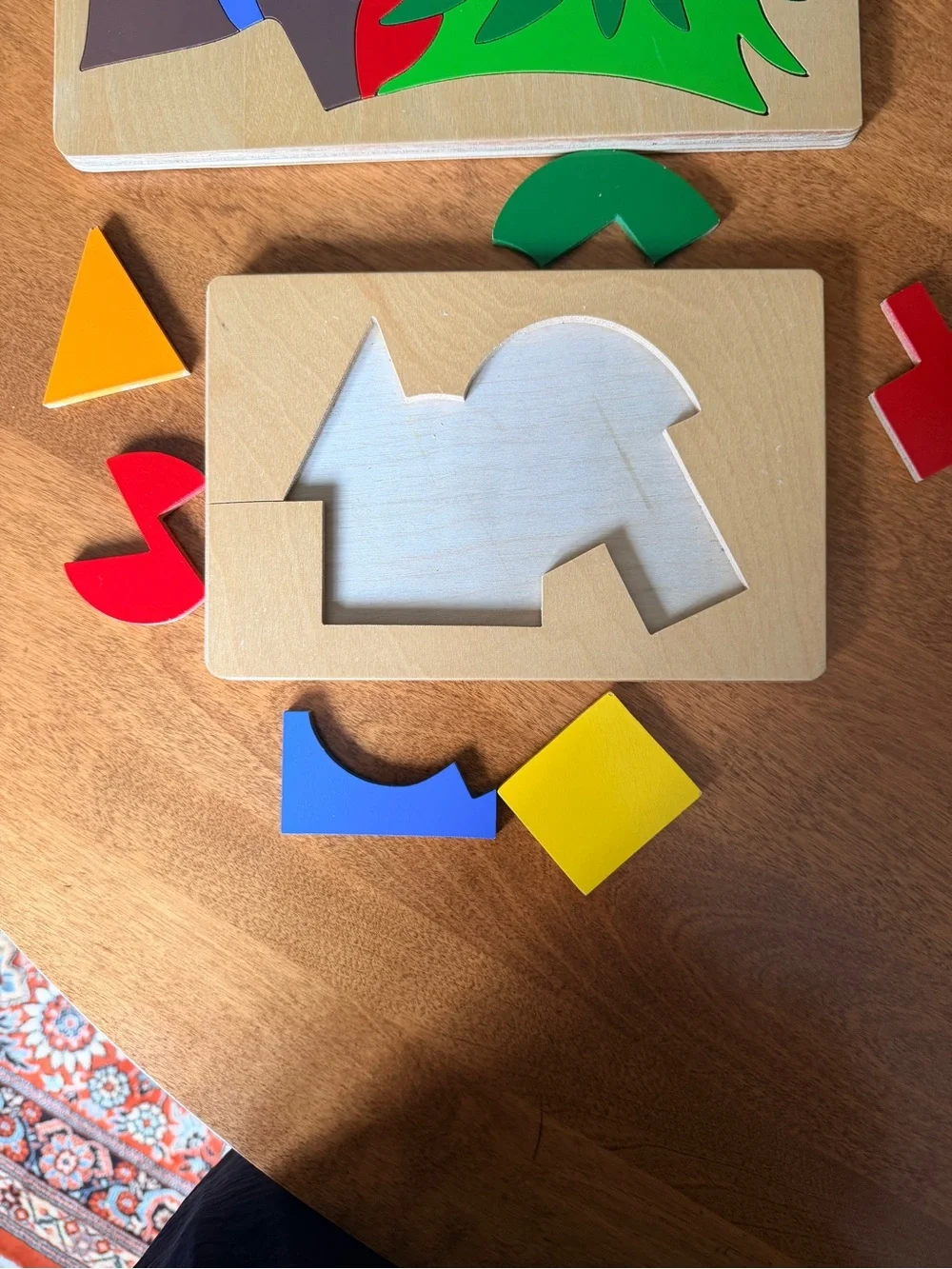 Wooden Santa and Shapes Puzzle Set - Red, Green, Yellow - Handmade, Vintage